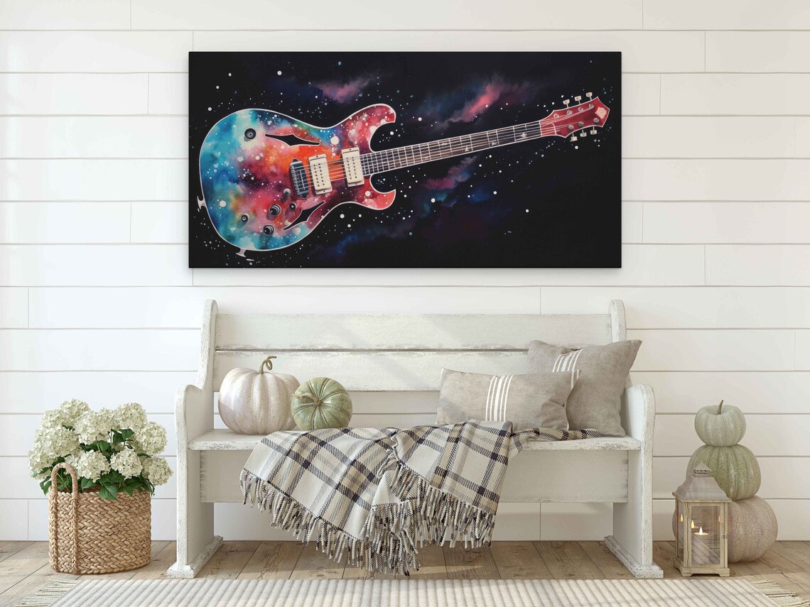 Hollow Body Guitar Galaxy Watercolor Cosmic Music Room Art Print - Image 2