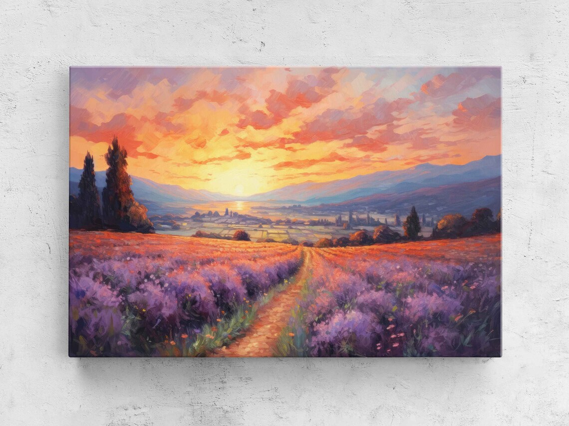 Lavender Field Sunset, Impressionist Art Print