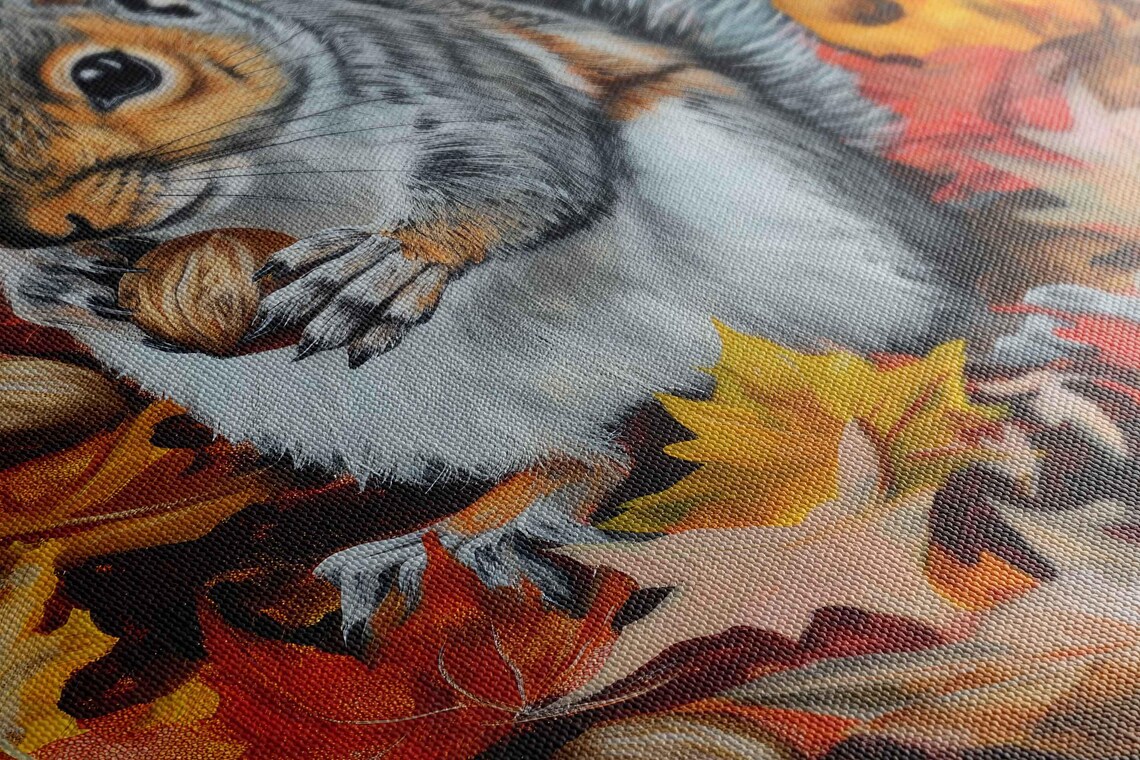 Gray Squirrel Eating Acorns Autumn Leaves Wildlife Wall Poster - Image 2