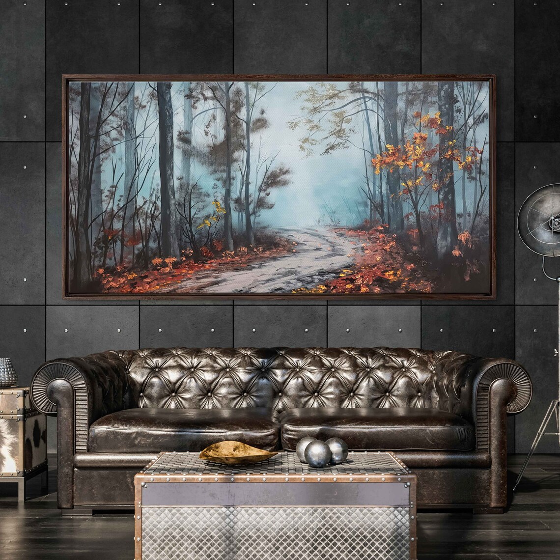 Misty Forest Trail With Red Fall Foliage Morning Light Painting Poster