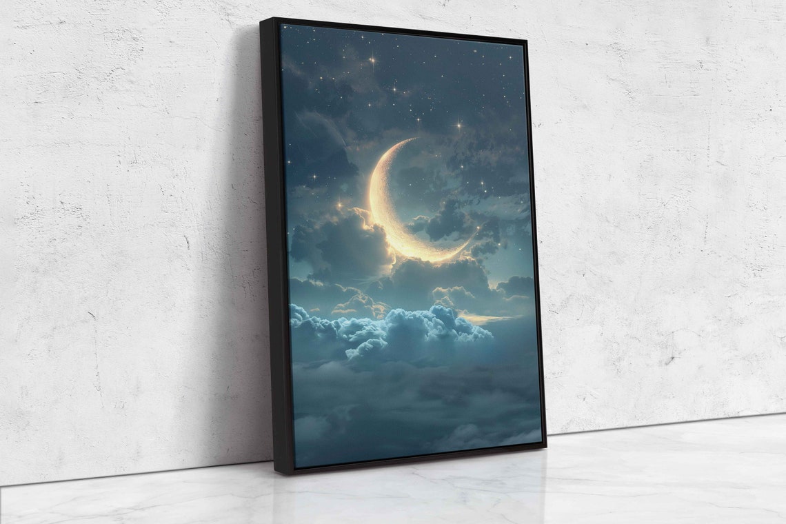 Crescent Moon Above Clouds Hyperrealism Photo Wall Art Print Celestial Poster Minimalistic Print Impressionism Ready To Hang - Image 4