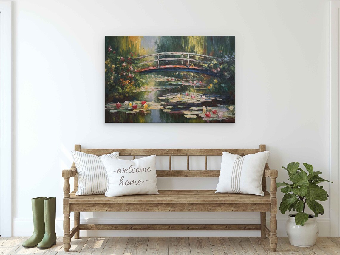 Water Lilies Pond With Japanese Bridge Impressionist Garden Painting Poster - Image 2