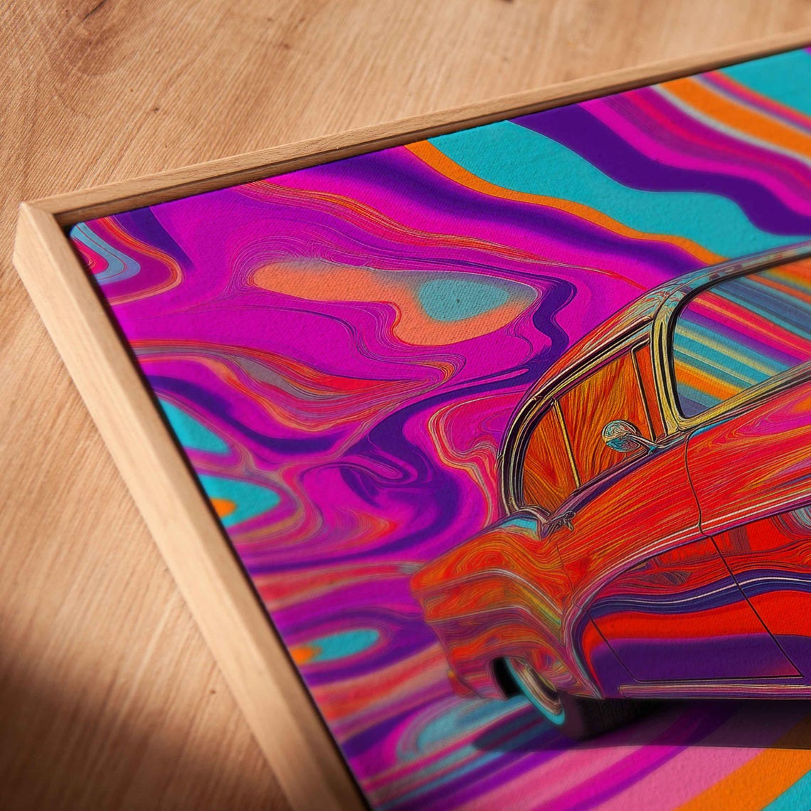 Psychedelic Pop Art 1950s Classic Car With Rainbow Swirl Art Poster - Image 2
