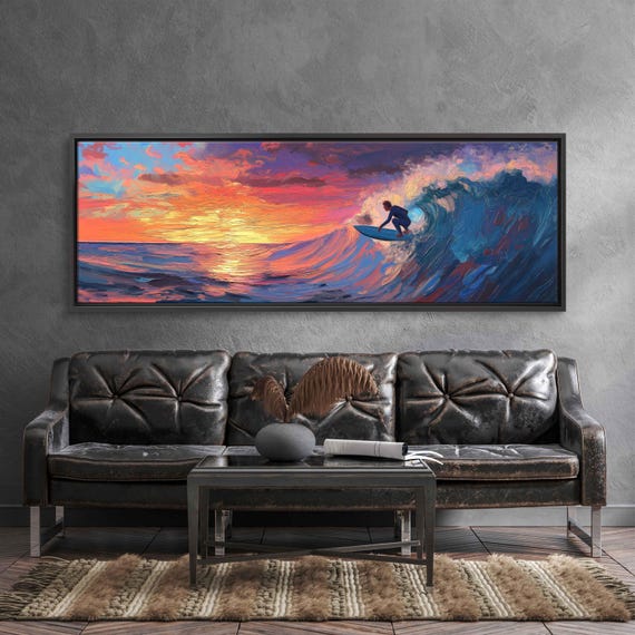 Surfer Catching Wave At Sunset Oil Wall Art Print Neon Sunset Gift For Surfer Blue Water Ready To Hang