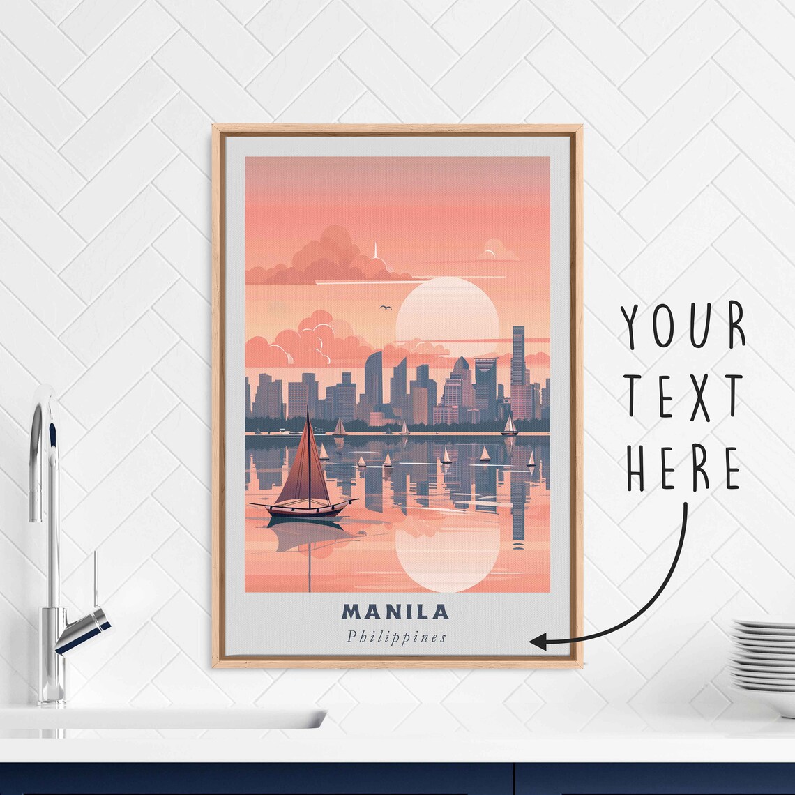 Manila Philippines Sunset Bay Skyline Sailboats Pink Sky Travel Poster