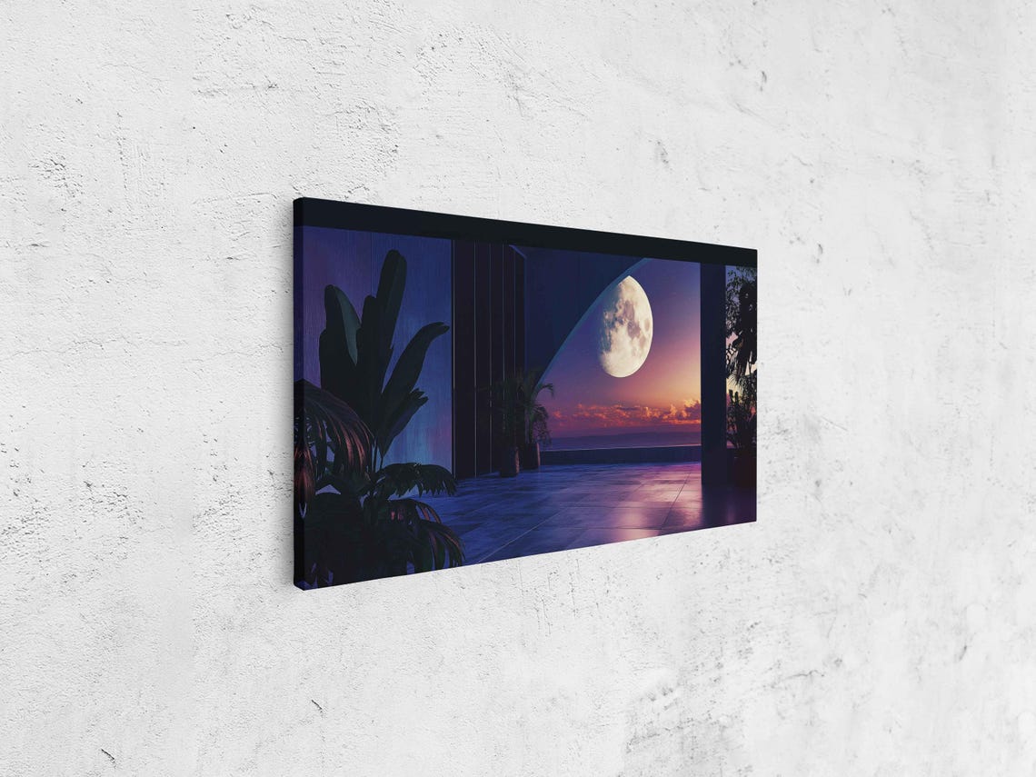 Tranquil Terrace At Twilight Wall Art Print Moonlit View Geometric Shapes Emotion Foliage - Image 4
