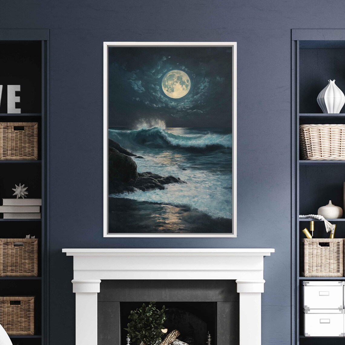 Full Moon Rising Over Night Ocean Waves Rocky Coastline Art Poster - Image 3