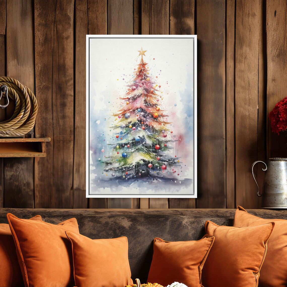 Watercolor Christmas Tree Colorful Ornaments Gold Star Poster - Image 4