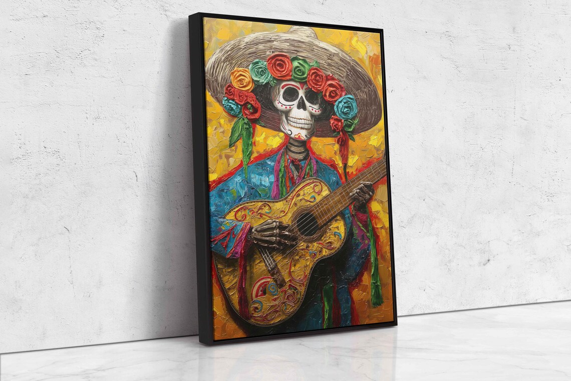 Colorful Day of the Dead Skeleton Mariachi Guitar Folk Art Canvas Poster - Image 4