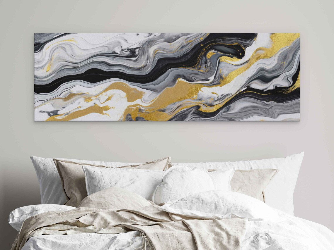 Black White Gold Panoramic Marble Swirl Abstract Wall Art Poster - Image 4