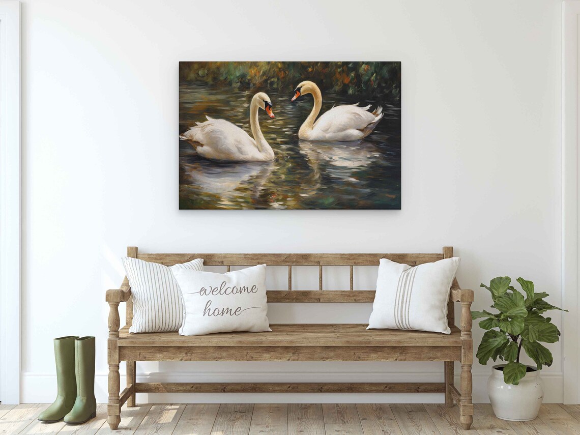 Swans Swimming in a Pond, Impressionist Art Print - Image 2