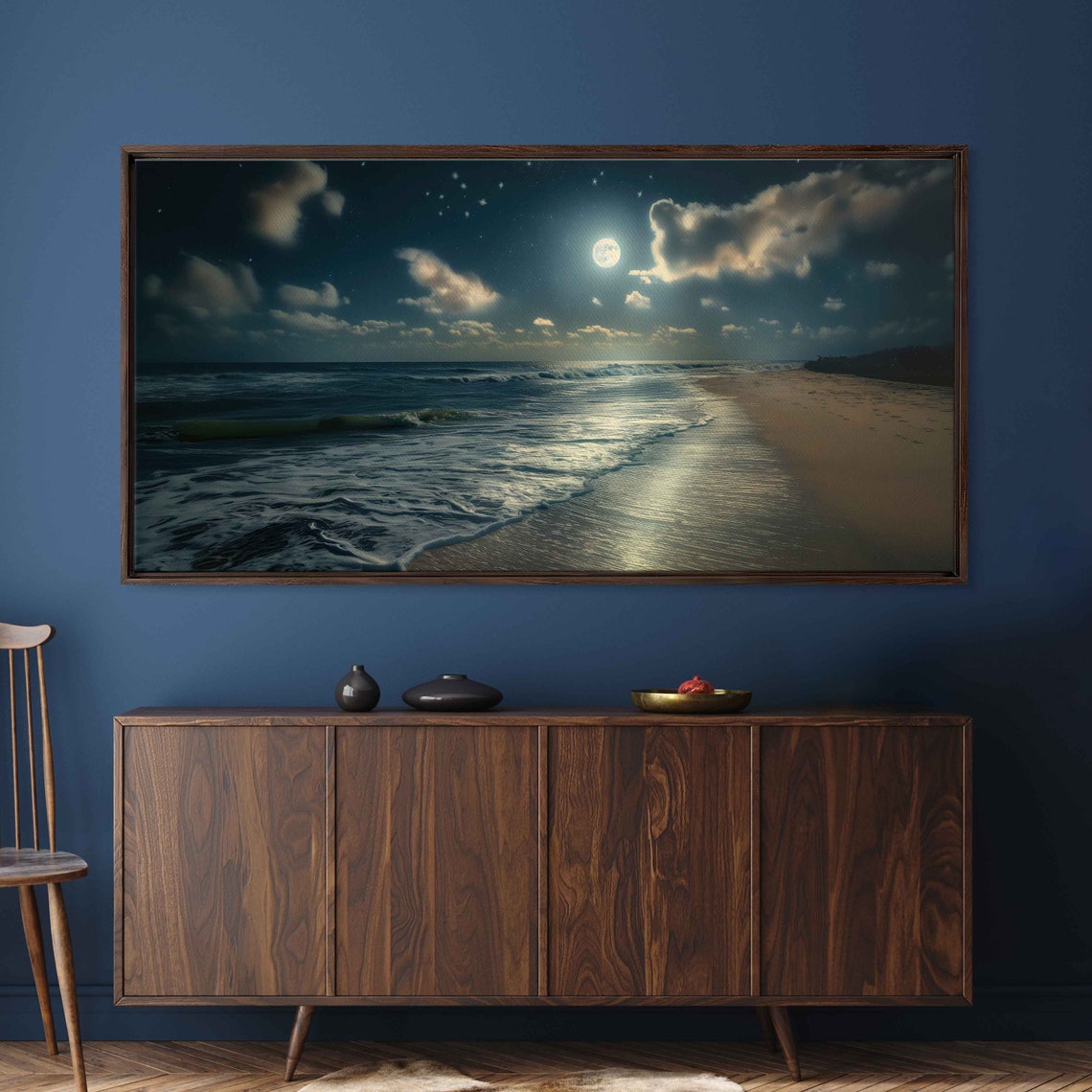 Moonlit Beach Shoreline Full Moon Glow Night Surf Art Poster