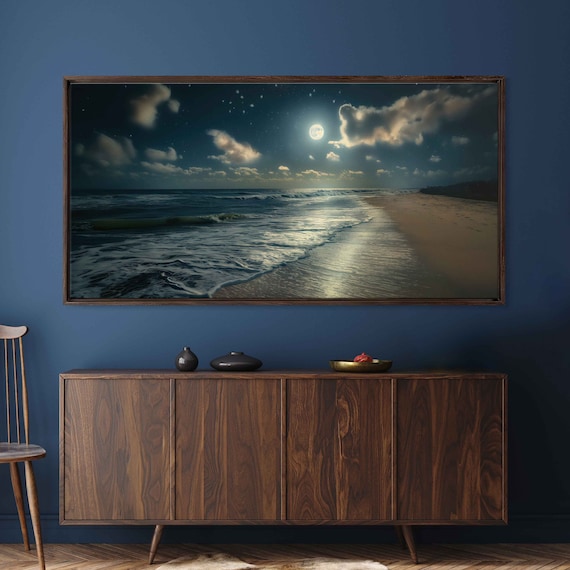 Moonlit Beach Shoreline Full Moon Glow Night Surf Art Poster
