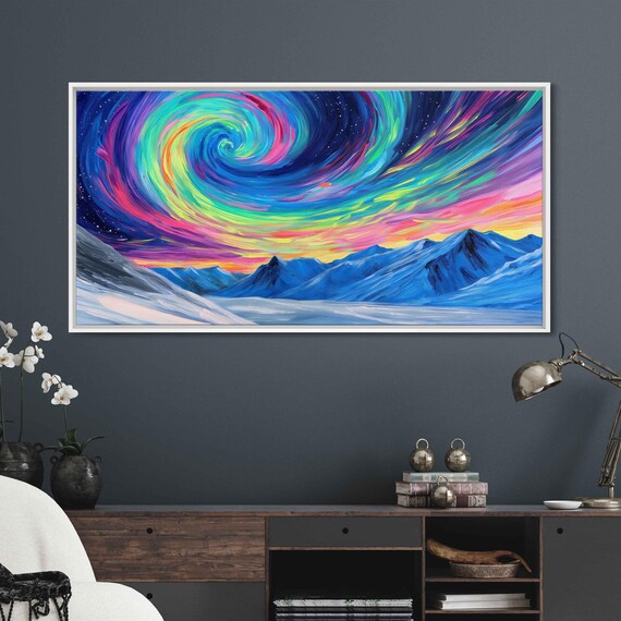 Swirling Colorful Aurora Borealis Night Sky Over Snowy Mountains Poster