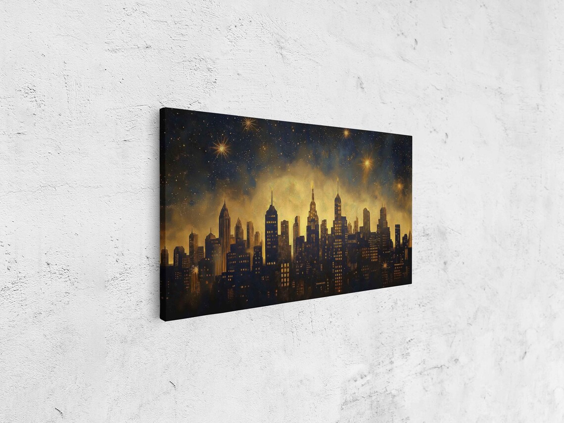 Navy And Gold City Night Skyline With Sparkling Stars Art Poster - Image 4