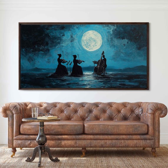 Symphony Under The Night Sky Wall Art Print Luminous Moonlight Silhouetted Musicians