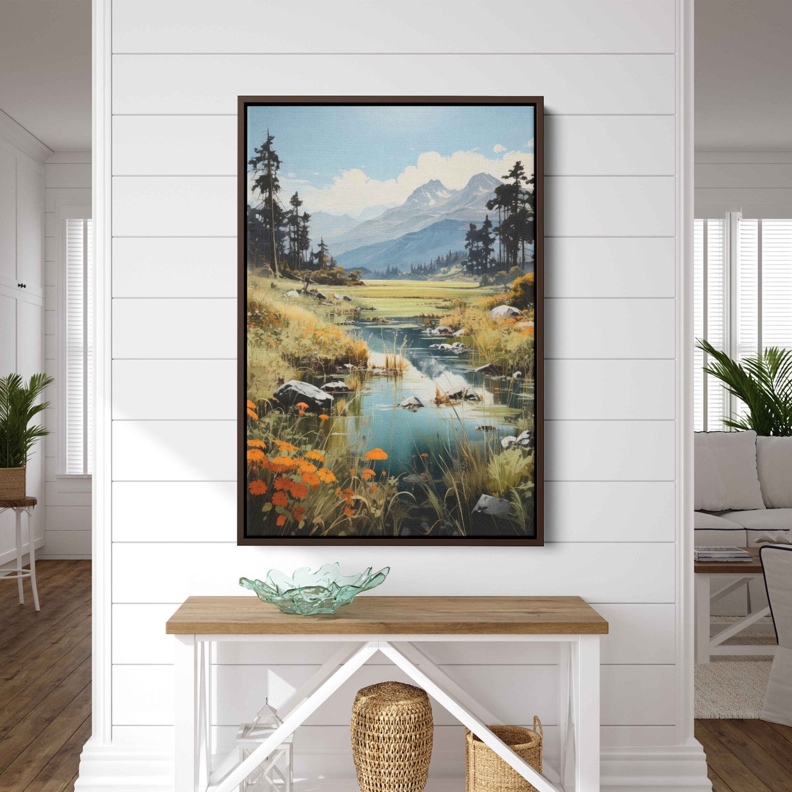 Watercolor Stream Wall Art Print Rural Life Old Wheat Fields Muntain Range Cloudy Skies Ready To Hang - Image 3