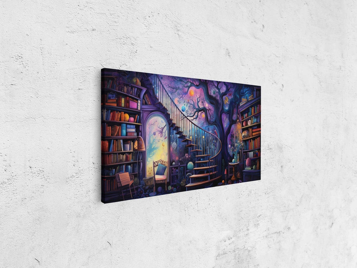 Spiral Staircase Magical Library Cosmic Tree Purple Fantasy Art Poster - Image 4