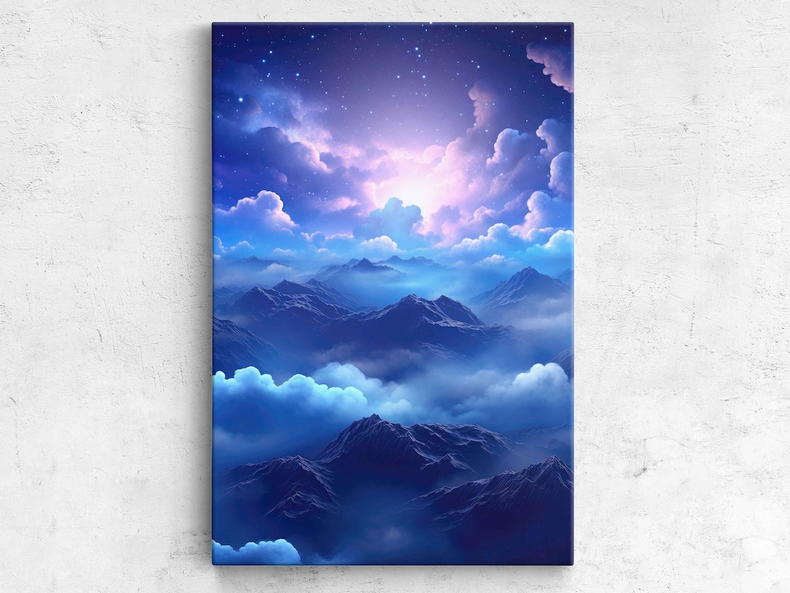 Blue Mountain Peaks Above Clouds Starry Night Sky Travel Art Poster