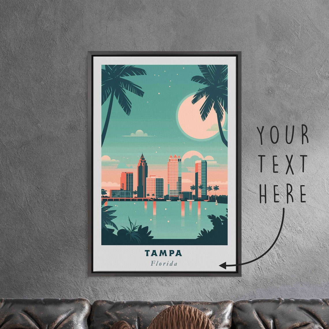 Tampa Florida Skyline Bay Moon Palm Trees Night Travel Poster