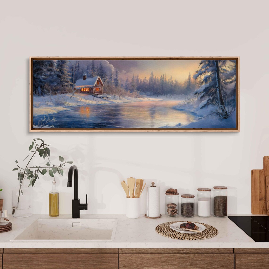 Snowy Winter Cabin Frozen Pond Pine Forest Sunset Glow Painting Poster