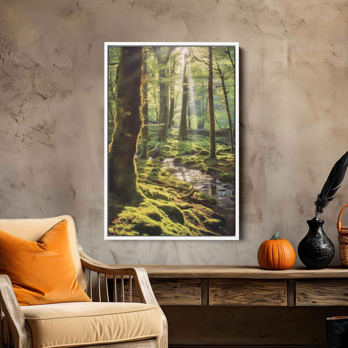 Sunlight Filtering Through Tranquil Forest Wall Art Print Peaceful Nature Wooded Flowing Stream Ready To Hang - Image 2