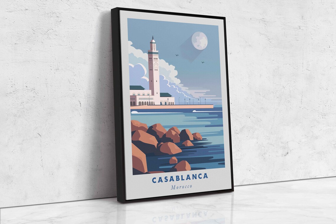Casablanca Morocco Mosque by Night Moonlit Ocean Travel Poster - Image 2