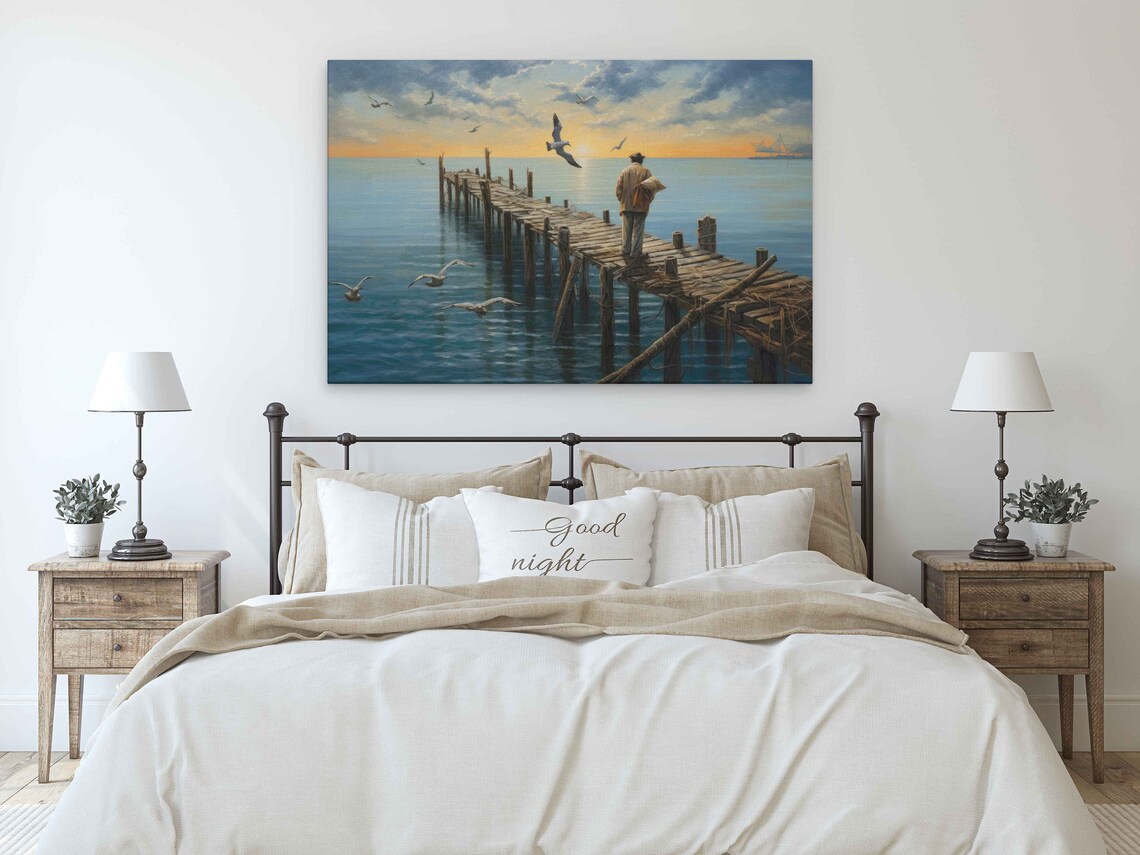 Fisherman On Wooden Dock Sunset Calm Sea Seagulls Painting Art Poster - Image 3