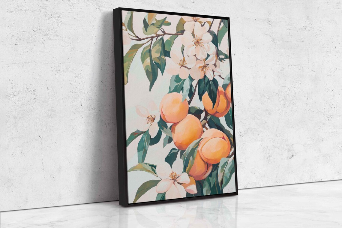 Ripe Peaches On Leafy Branch With Pink White Blossoms Art Poster - Image 4