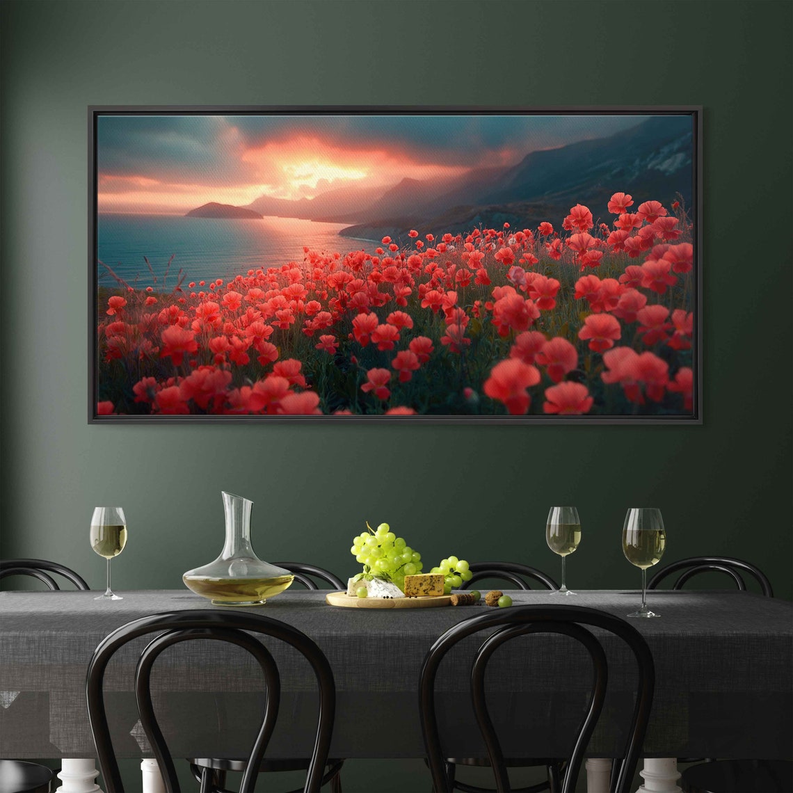 Red Poppy Field Ocean Sunset Dramatic Sky Coastal Landscape Wall Art - Image 2