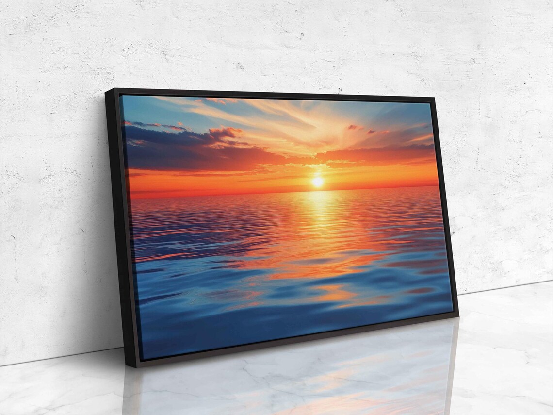 Serene Ocean Sunset Painting Vibrant Orange Deep Blue Calm Waves Wall Art - Image 4