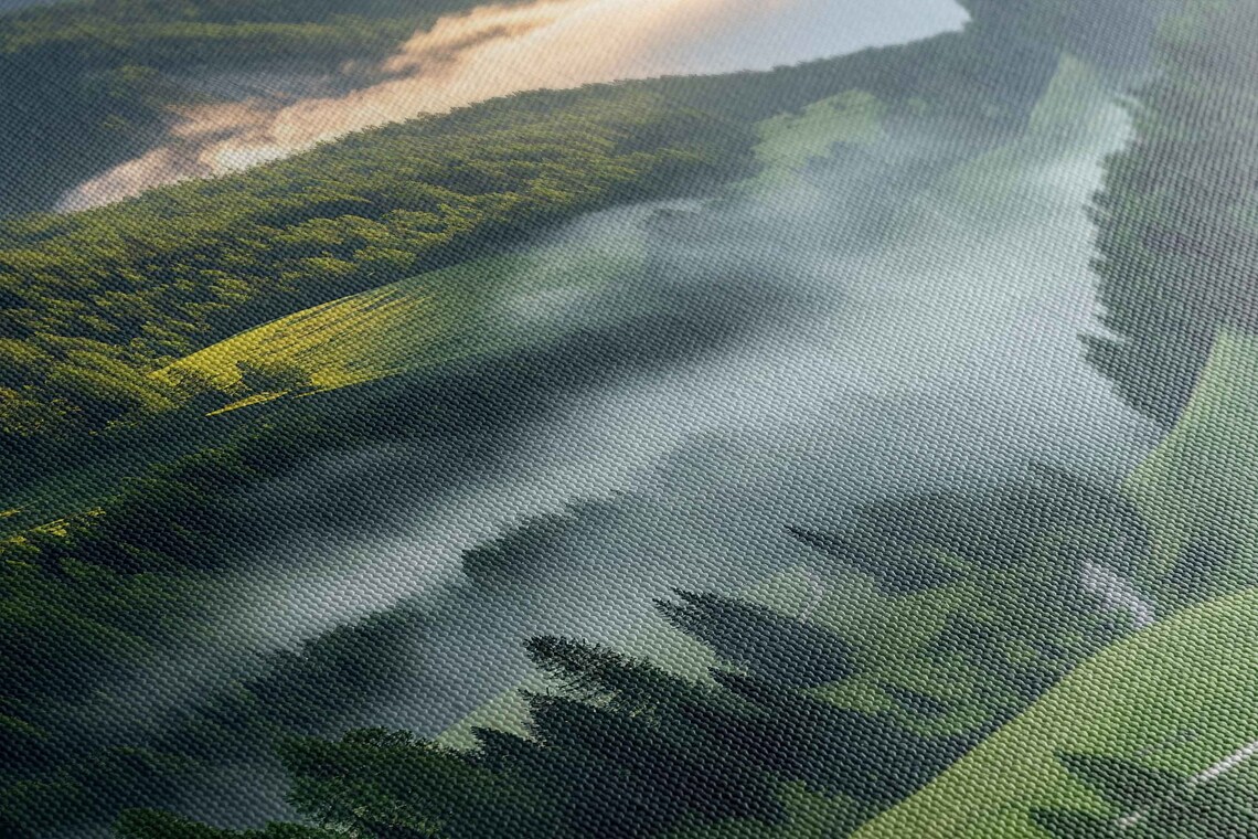 Sunlit Misty Forest Lush Greenery Mountain Ranges Cloudy Skies Wall Art Print Ready To Hang - Image 2