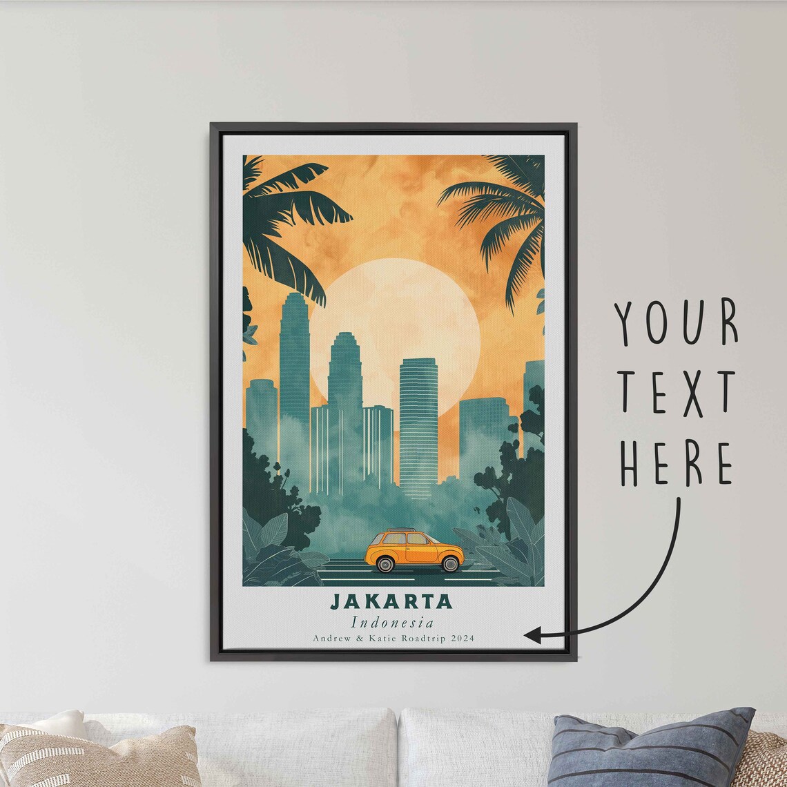 Jakarta Indonesia Vintage Skyline Sun Palm Fronds Orange Taxi Poster - Image 3