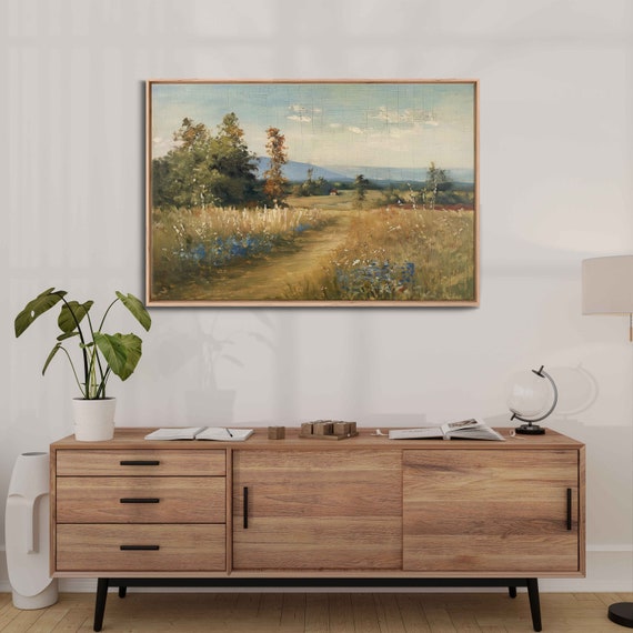 Vintage Landscape Painting Lush Greenery Cloudy Blue Sky Wall Art Print Ready To Hang