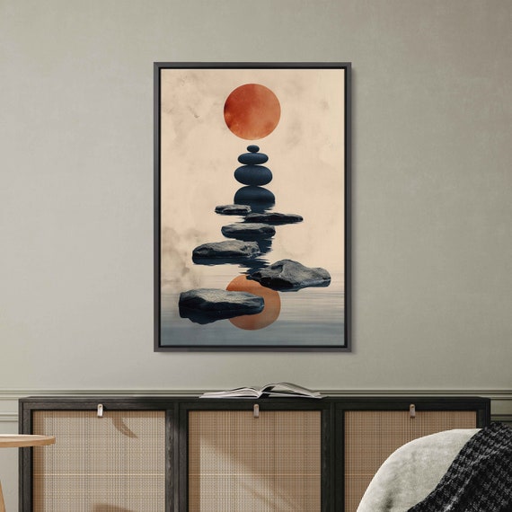 Zen Stacking Stones In Front Of Red Moon Wall Art Print Buddhism Meditation Balancing Rocks Japanese Garden Ready To Hang