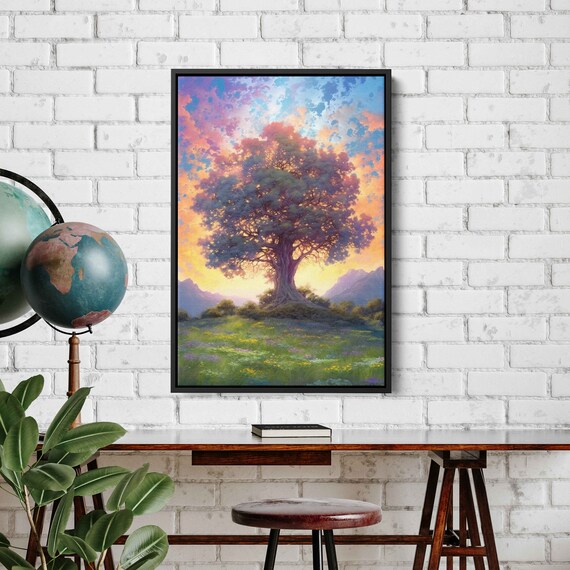 Colorful Ancient Tree In An Open Field Colorful Cloudy Skies Framed Print Ready To Hang