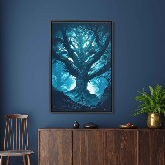 Huge Moonlit Tree With Antlers In Center Of Enchanted Forest Wall Art Print Fantasy Nature Art Ready To Hang