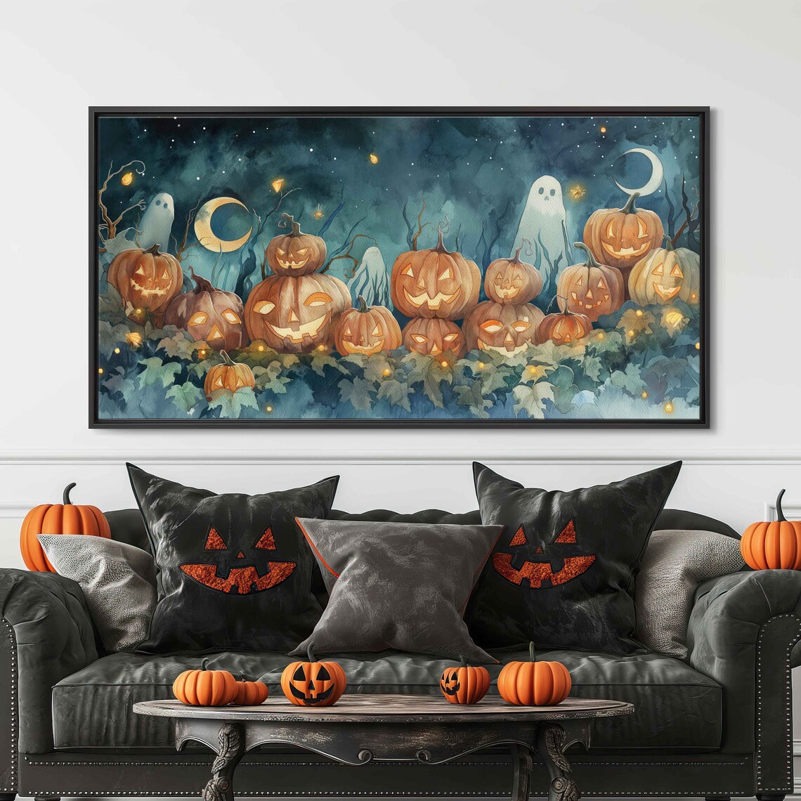 Enchanted Moonlit Pumpkin Patch Glowing Jack O Lanterns Ghosts Art Print - Image 3