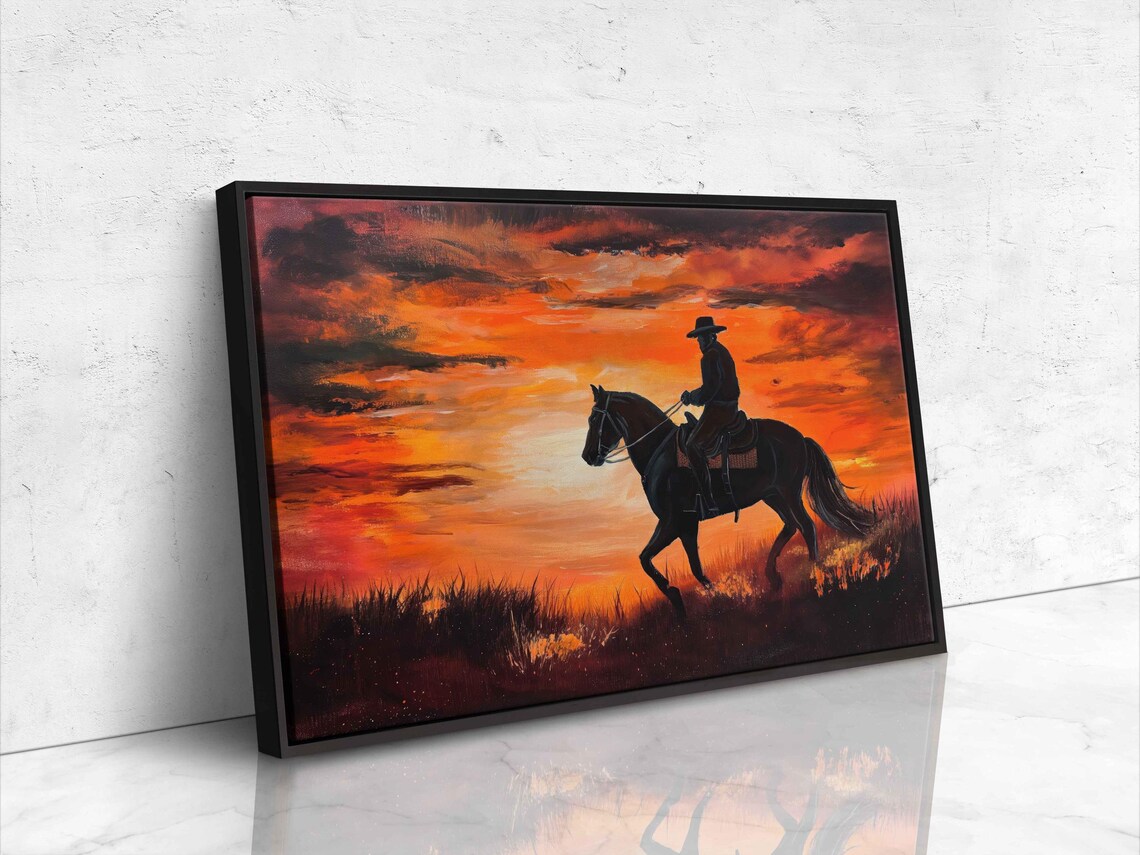 Cowboy Riding Galloping Horse Fiery Sunset Western Action Poster - Image 4