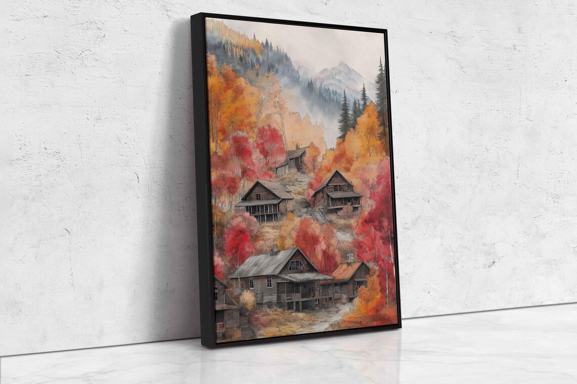 Watercolor Mountain Village Cabins Autumn Foliage Forest Poster - Image 4