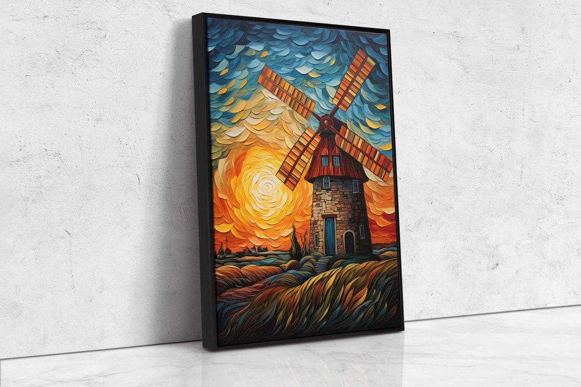 Van Gogh Inspired Windmill Painting Palette Knife Framed Print Ready To Hang - Image 4