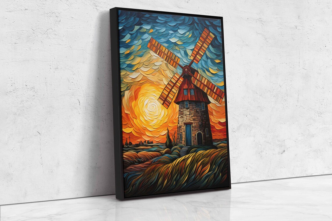 Van Gogh Inspired Windmill Painting Swirling Sunset Starry Sky Poster - Image 4