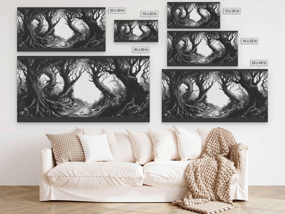 Archway of Leaning Gnarled Trees Over Winding Path Ink Halloween Poster - Image 2