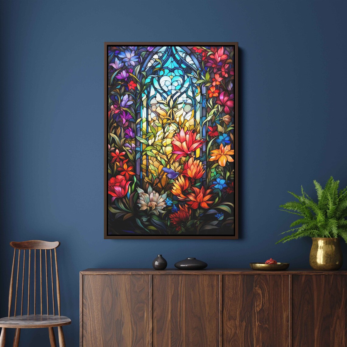 Stained Glass Flower Window Colorful Lilies Botanical Mosaic Art Print - Image 3