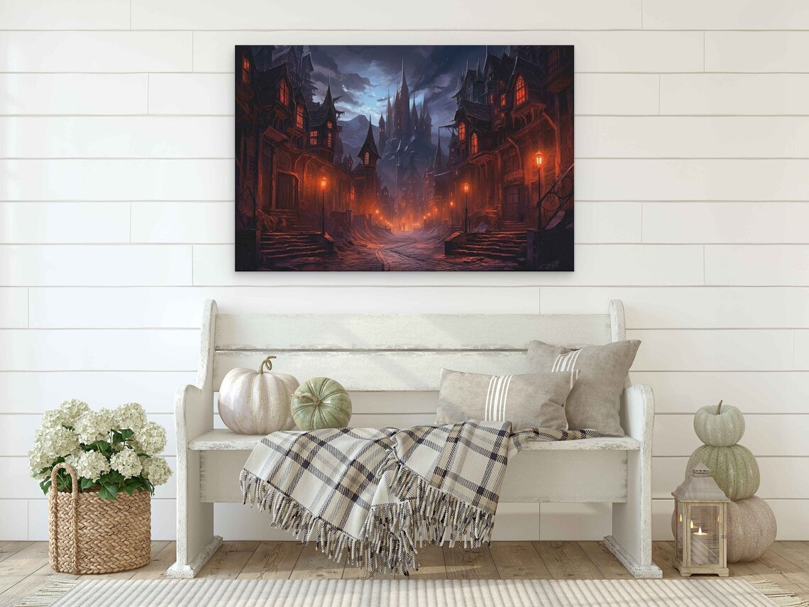 Spooky Castle Town Night Street Glowing Windows Gothic Fantasy Art Poster - Image 2
