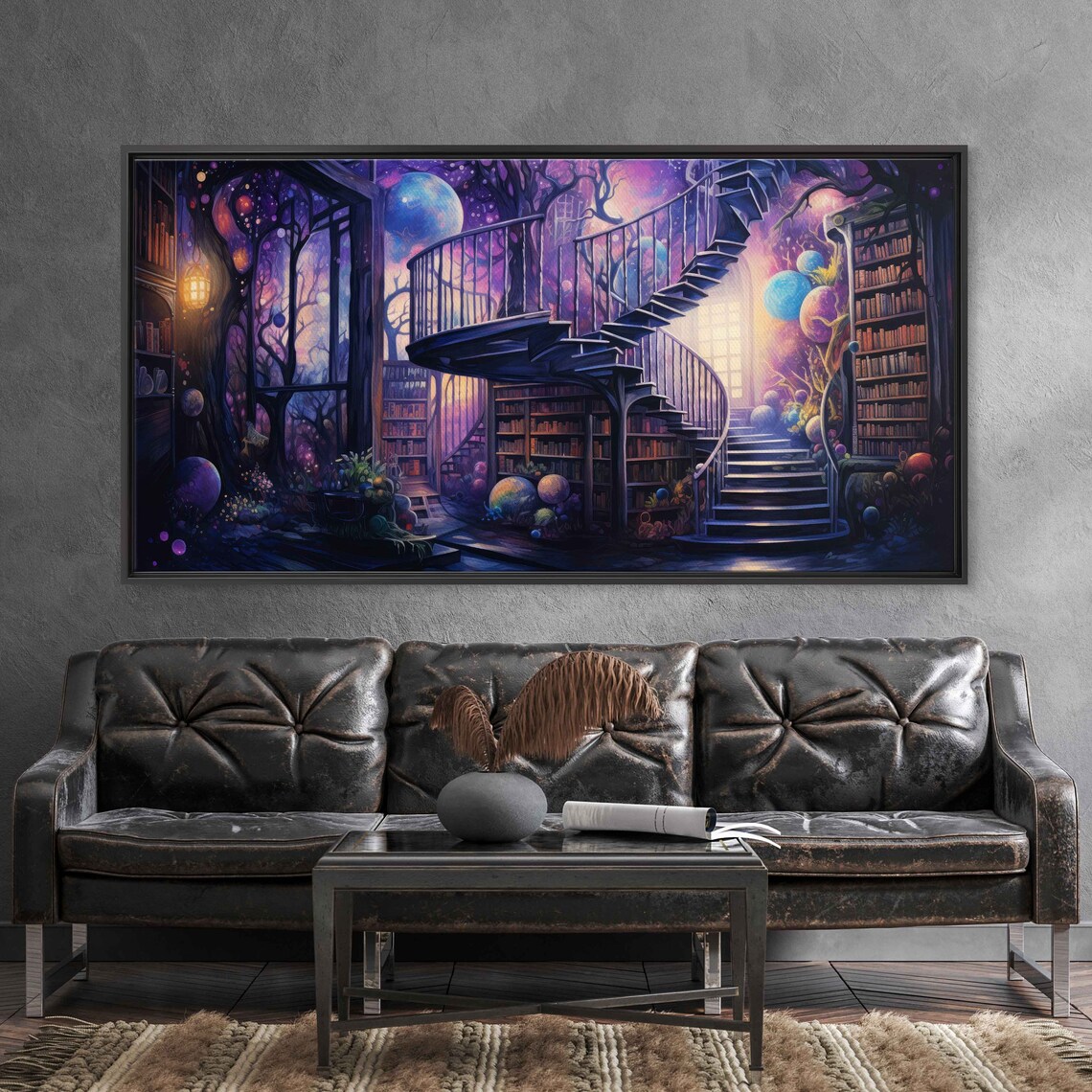 Spiral Staircase Cosmic Library Purple Night Sky Fantasy Book Room Poster - Image 2