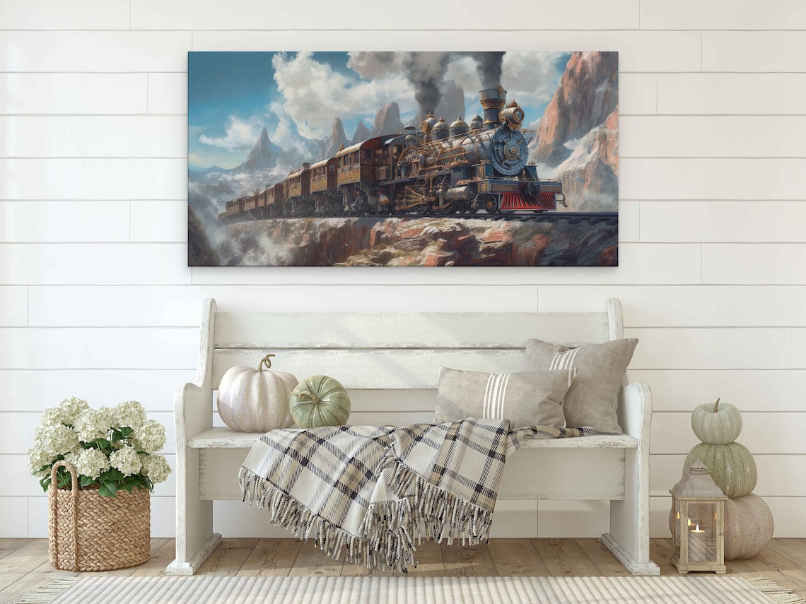 Steampunk Steam Locomotive Mountain Railway Vintage Train Art Poster - Image 2