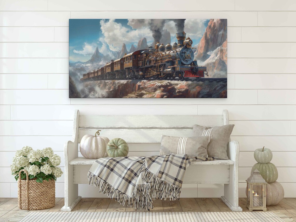Steampunk Train In The Mountains Framed Print Ready To Hang Wall Art Office Decor Man Cave Art - Image 2