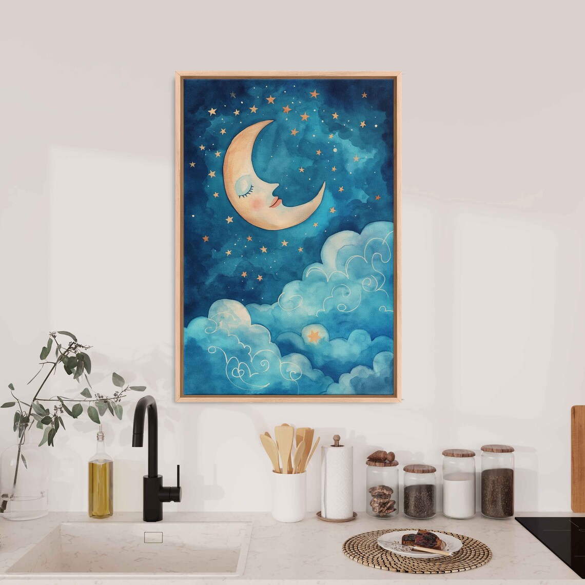 Smiling Crescent Moon And Stars Blue Night Sky Kids Room Watercolor Poster - Image 3