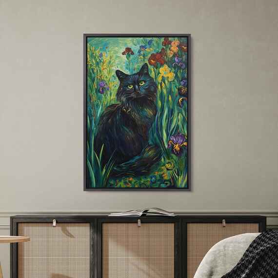Black Cat Iris Garden Starry Swirls Painterly Floral Feline Art Poster
